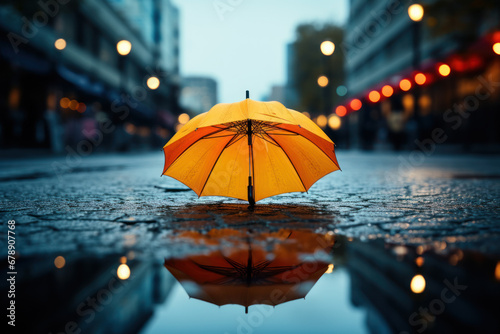 A vibrant umbrella in a puddle of rain, conveying the resilience and optimism in the face of challenges. Concept of positivity and adaptability. Generative Ai.