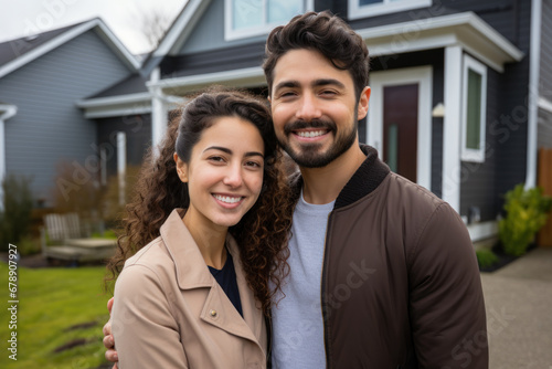 A joyful young couple stands before their new residence, exemplifying the act of purchasing a new house. This scene embodies the real estate lifestyle concept. Generative Ai.