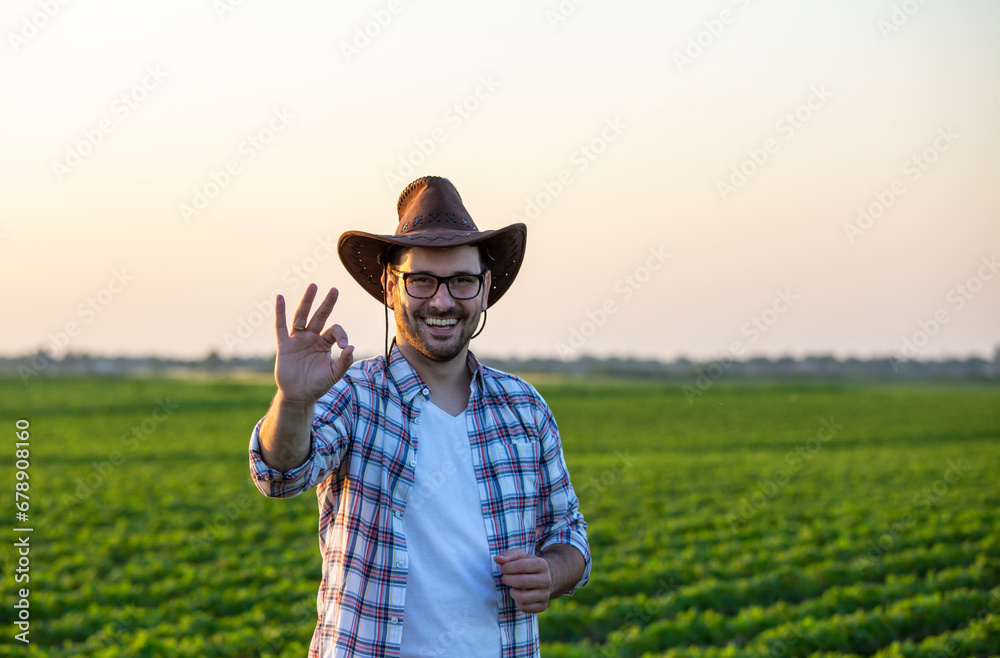Farmer standing in soybean field