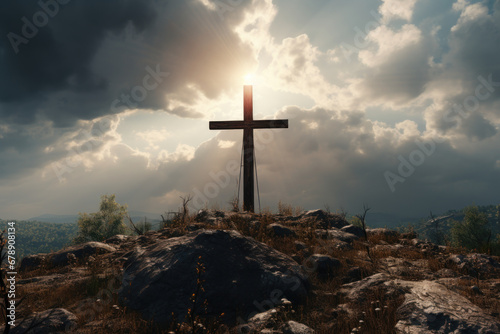 A depiction of the Holy Cross, symbolizing the death and resurrection of Jesus Christ, is illuminated against the sky above Golgotha Hill. Generative Ai.