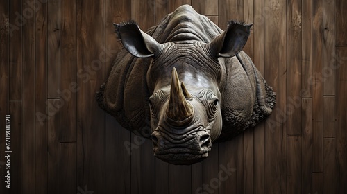 Taxidermy Rhinoceros Mounted Head on a Wall photo