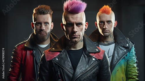 Three British Punk Rock Men with Colorful Mohawk Hairstyles