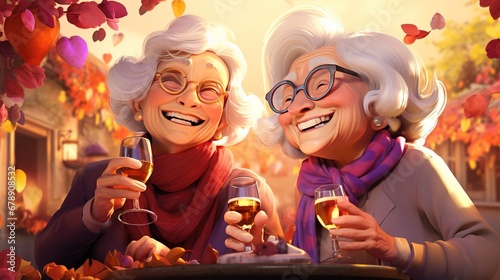 Two Cute Old Ladies Enjoying Wine and Fun