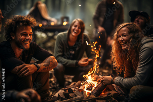 Group of friends laughing around a campfire, embodying the spirit of joy and friendship during a camping adventure