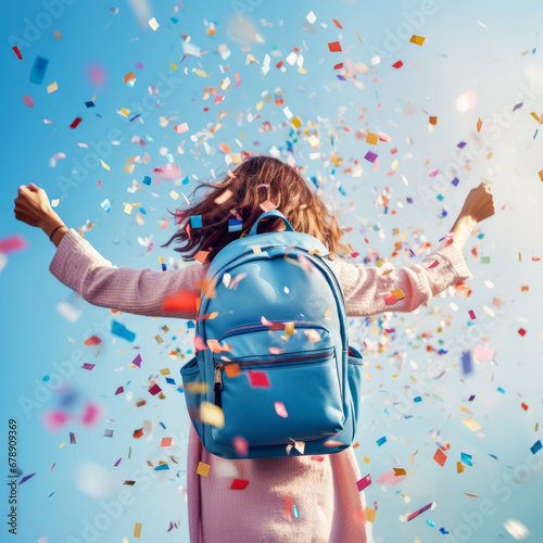 Young, happy and cheerful girl with a backpack on her back, surrounded by confetti on a beautiful day.