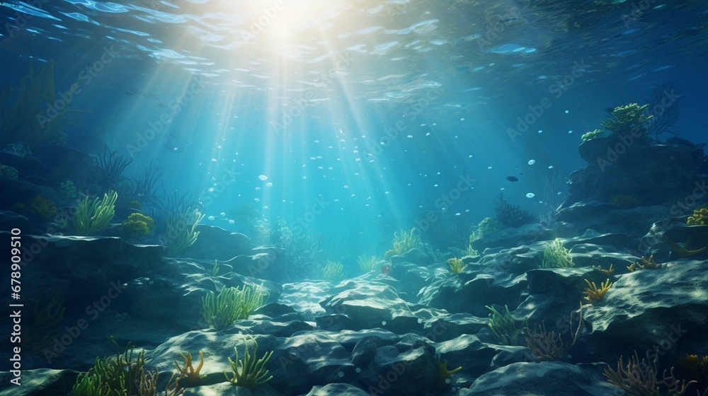 Under the sea background clipart shows light rays underwater ocean floor. create using a generative AI tool 