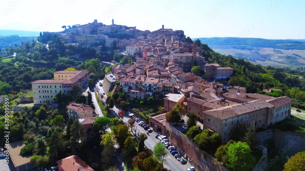 Great aerial top view flight drone Montepulciano Tuscany Medieval city hill town Great aerial top view flight drone Montepulciano Tuscany Medieval city hill town