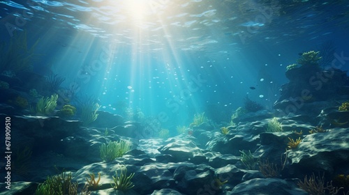 Under the sea background clipart shows light rays underwater ocean floor. create using a generative AI tool  © Ahtesham