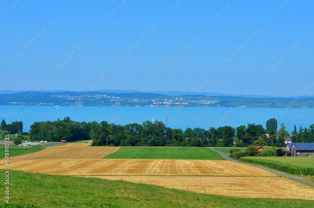 Agricultural lands in the background of green woods and waterscape