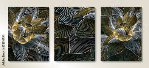 Set of lotus flowers in a golden line in Japanese style.