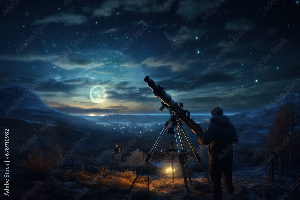 A young astronomer points a powerful telescope towards the night sky, exploring the mysteries of the universe. Stargazing with a telescope. Generative Ai.