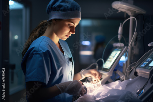 A dedicated nurse carefully tends to a newborn baby in a neonatal intensive care unit, ensuring the infant's well-being. Neonatal care and nursing. Generative Ai.
