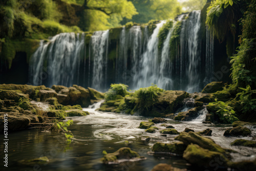 A majestic waterfall cascades down a rocky cliff  creating a breathtaking natural spectacle amidst lush green surroundings. Waterfall in the wilderness. Generative Ai.