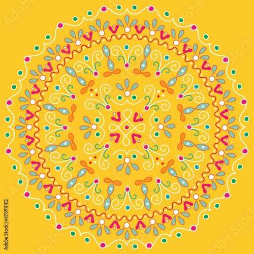 Hand drawn colorful Kolam/Rangoli design on a square background. There is no transparency, blend, gradient used. No clipping mask.

