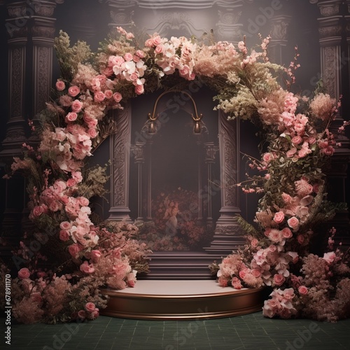 Round floral podium digital backdrops beautiful image Ai generated art