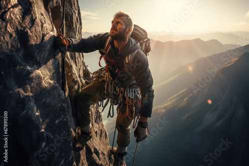 A professional rock climber conquers a challenging ascent, showcasing strength, agility, and determination in the vertical world. Rock climbing and extreme sports. Generative Ai.