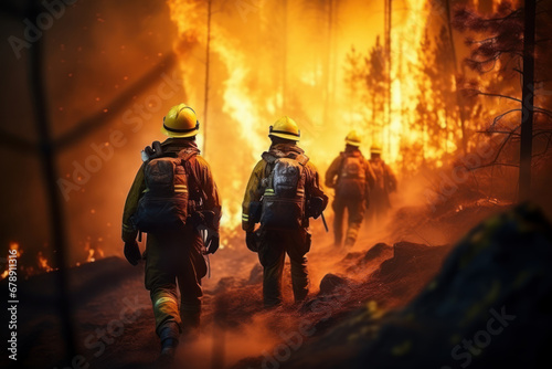 A team of dedicated firefighters works together to extinguish a raging forest fire, demonstrating heroism and teamwork in the face of danger. Forest fire fighting. Generative Ai.