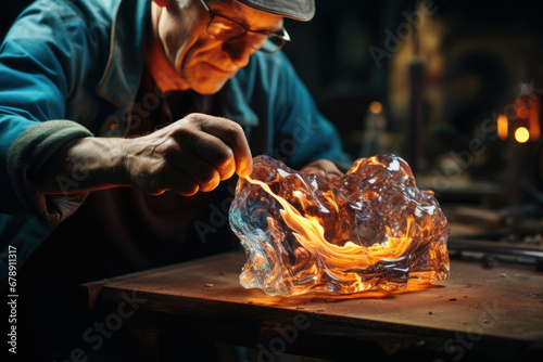 A talented glass artist sculpts molten glass into a delicate glass figurine, revealing the artistry of glass sculpting. Glass artistry and sculpting. Generative Ai.