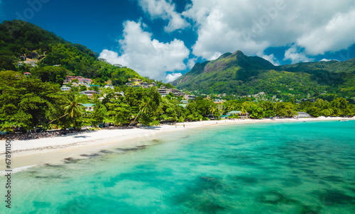Panoramic landscape of the popular Beau Vallon Beach of Mahe island, Seychelles. Tropical beach in the Indian ocean, travel postcard