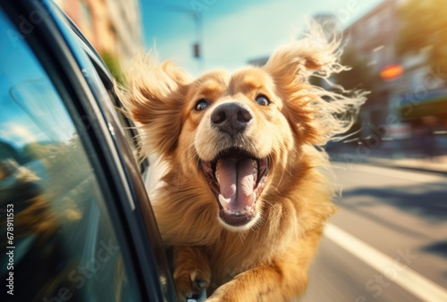cute dog is traveling by car with their family on weekend trip.   © ANEK