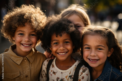 A cheerful and diverse group of children, representing various races and backgrounds, play together in a park, showing the natural bonds of childhood friendships. Generative Ai.
