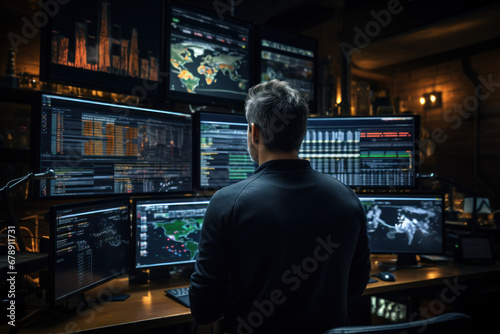 A busy stock trader monitors multiple screens, capturing the intensity and precision required in the world of financial markets. Generative Ai.