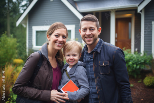 A family celebrating with house keys in front of their newly purchased home. Concept of homeownership and achievement. Generative Ai.