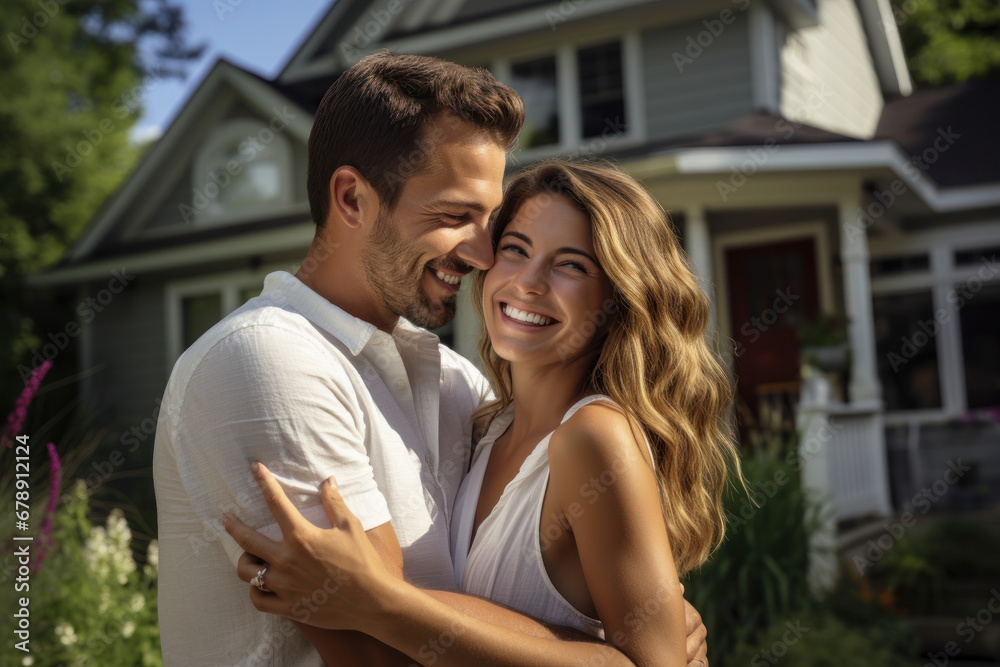 A happy couple embracing in front of their house, representing mortgage success. Concept of home love and security. Generative Ai.