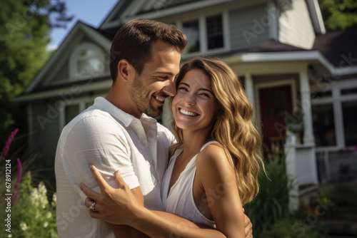 A happy couple embracing in front of their house, representing mortgage success. Concept of home love and security. Generative Ai.