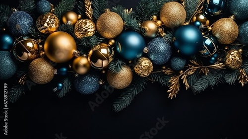 Christmas frame top border made of fir tree branches with golden and blue balls. Surprise for New Year or Christmas. New Year concept. Decor concept. Celebrate concept. Magic concept. 