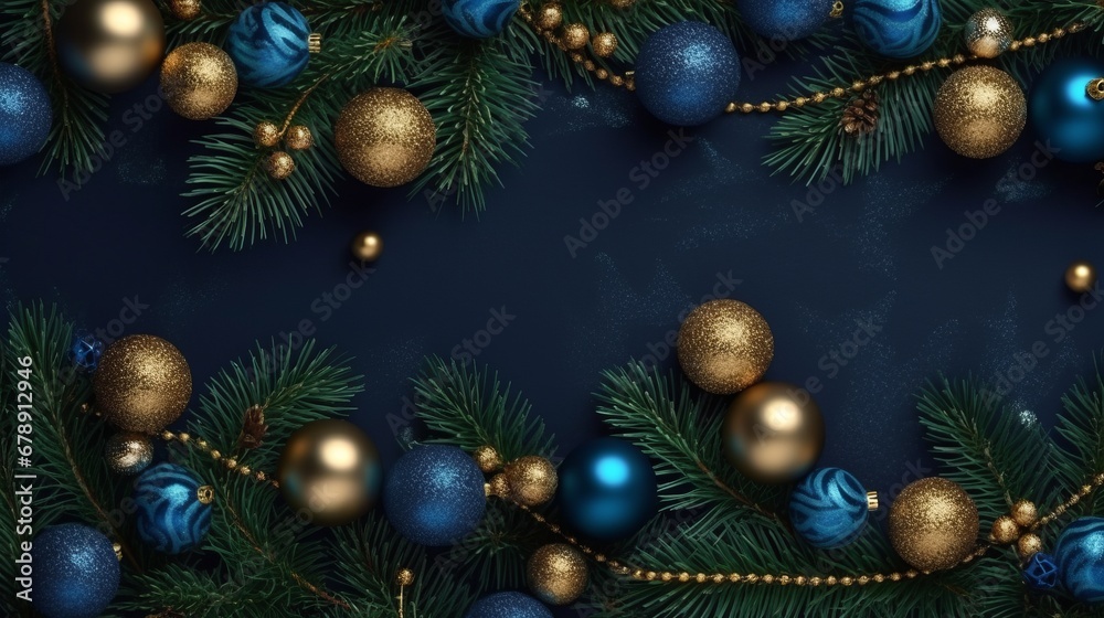 Christmas frame top border made of fir tree branches with golden and blue balls. Surprise for New Year or Christmas. New Year concept. Decor concept. Celebrate concept. Magic concept. 
