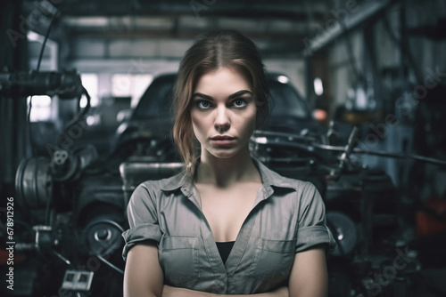 Confident woman with arms crossed standing in auto repair shop. Generative AI.