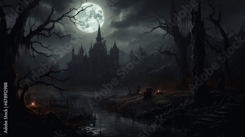 Scary house and a painting with a full moon Ai generated image © Arabindu