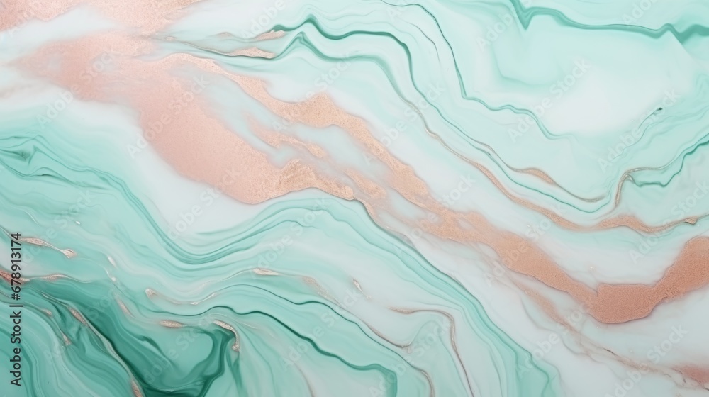 Obraz premium Mint Marble with Rose Gold Horizontal Background. Abstract stone texture backdrop. Bright natural material Surface. AI Generated Photorealistic Illustration.