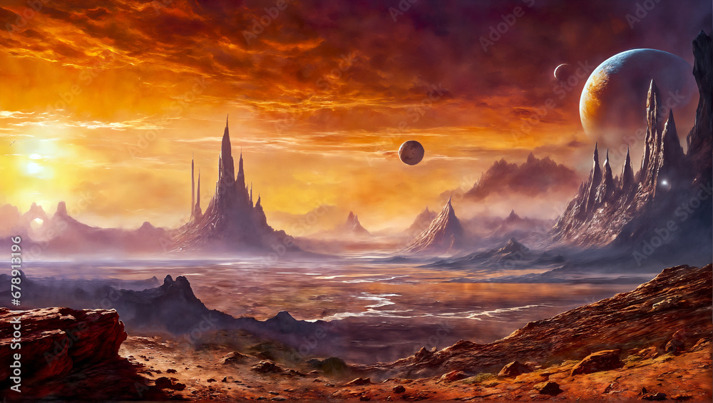 Futuristic landscape with planet and mountains in the background, red and yellow tones on Mars