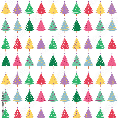Christmas seamless pattern with multi-colored Christmas trees. Pattern in the swatches panel.