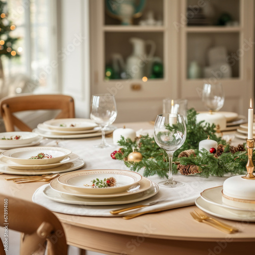 Christmas Table. Tableware, plates, cutlery and food. in close-up. Preparing for Christmas Eve dinner. © PhotoRK