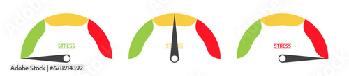 Stress level meter gauge set indicating low, average, high. Colorful medical vector to use for healthcare, healthy lifestyle, psychology, burnout projects.
