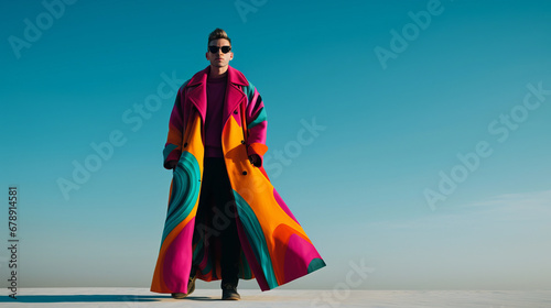 Handsome man in an elegant suit with a large and flowing multicolored coat billowing in the wind in an open space, with cheerful and lively colors