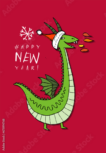 Greeting card design with funny Dragon character in Santa hat. Symbol of Chin...
