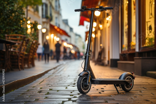 An electric scooter parked on a sidewalk, representing eco-friendly urban transportation. Generative Ai.