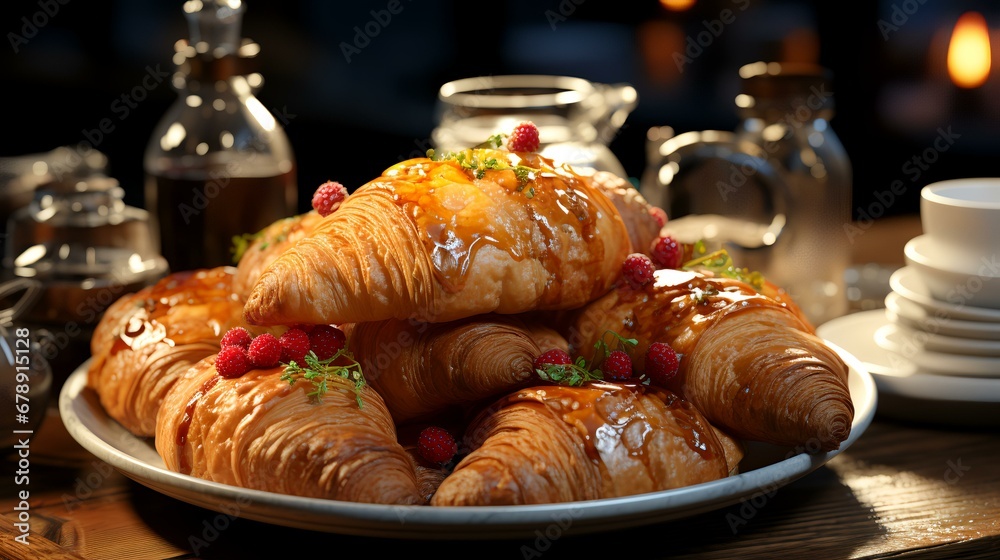Breakfast with coffee and croissants in a basket on table Breakfast with coffee and croissants in a basket on table