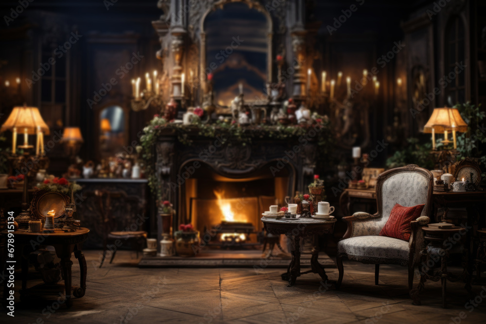 A candlelit room with antique furniture, illustrating the ambiance and lighting of 18th-century interiors. Generative Ai.