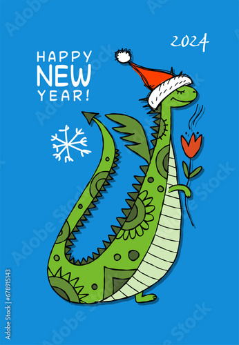 Greeting card design with funny Dragon character in Santa hat. Symbol of Chin...