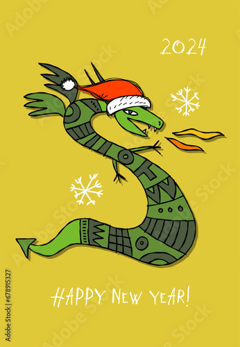Greeting card design with funny Dragon character in Santa hat. Symbol of Chin...