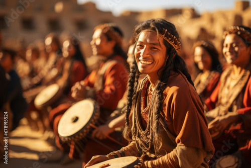 Caral-Supe residents participating in a musical performance, reflecting the cultural life of the Caral civilization. Generative Ai.