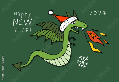 Greeting card design with funny Dragon character in Santa hat. Symbol of Chin...