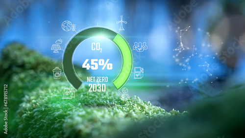 Net Zero Emissions 45% Reduction in 2030 Countdown Green Power Concept On Moss Background