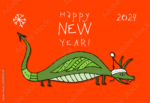 Greeting card design with funny Dragon character in Santa hat. Symbol of Chin...