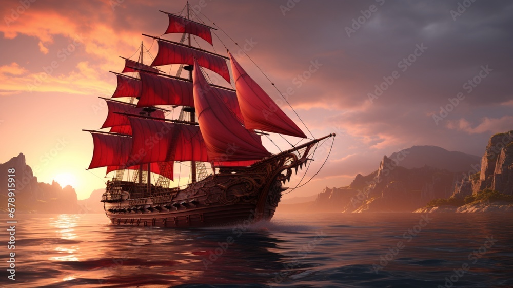 Ship with scarlet sails high resolution beautiful image Ai generated art